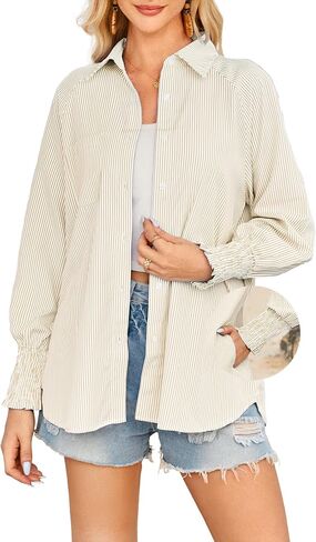 OUGES Women's Cotton Blend Oversized Boyfriend Collar Shirts Smocked Cuffed Striped Button Down Blouse Tops with Pockets in Saudi Arabia