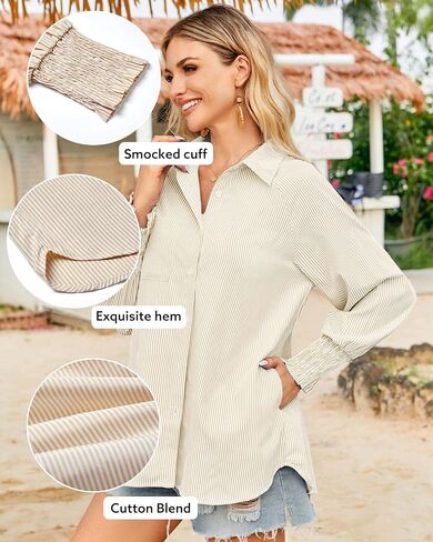 OUGES Women's Cotton Blend Oversized Boyfriend Collar Shirts Smocked Cuffed Striped Button Down Blouse Tops with Pockets in Saudi Arabia