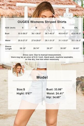 OUGES Women's Cotton Blend Oversized Boyfriend Collar Shirts Smocked Cuffed Striped Button Down Blouse Tops with Pockets in Saudi Arabia