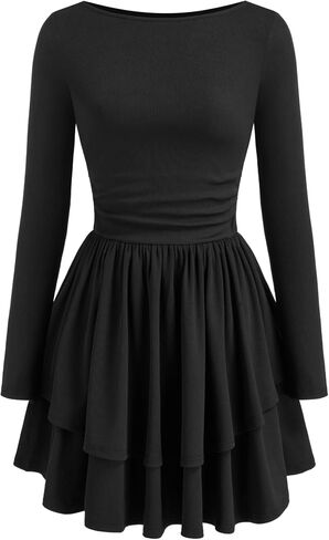 Women Boat Neck Long Sleeve Ribbed Tiered Ruffle Skater Mini Party Cocktail Dress in Saudi Arabia