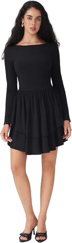 Women Boat Neck Long Sleeve Ribbed Tiered Ruffle Skater Mini Party Cocktail Dress in Saudi Arabia
