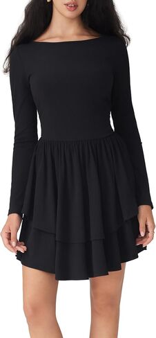 Women Boat Neck Long Sleeve Ribbed Tiered Ruffle Skater Mini Party Cocktail Dress in Saudi Arabia
