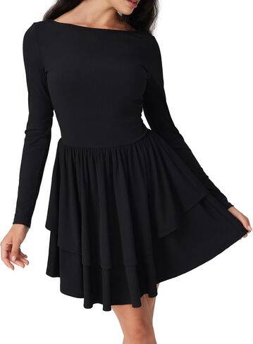 Women Boat Neck Long Sleeve Ribbed Tiered Ruffle Skater Mini Party Cocktail Dress in Saudi Arabia