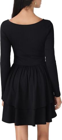 Women Boat Neck Long Sleeve Ribbed Tiered Ruffle Skater Mini Party Cocktail Dress in Saudi Arabia