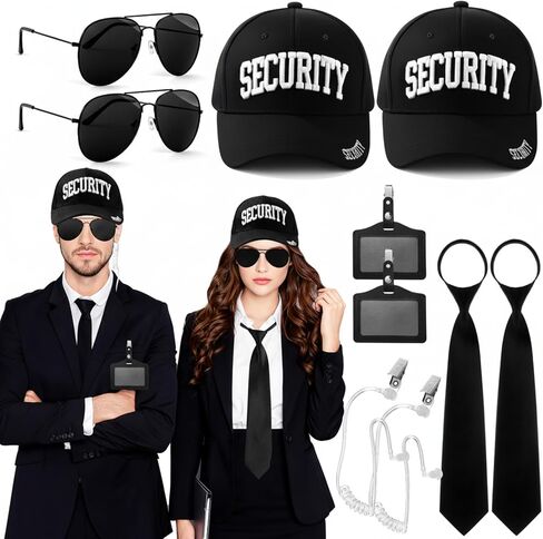 Mepase 10pcs Agent Costume Set Secret Security Service Outfit Kit Includes Security Cap Zipper Tie Black Sunglasses Earpiece and ID Card Badge for Halloween Cosplay Spy in Saudi Arabia
