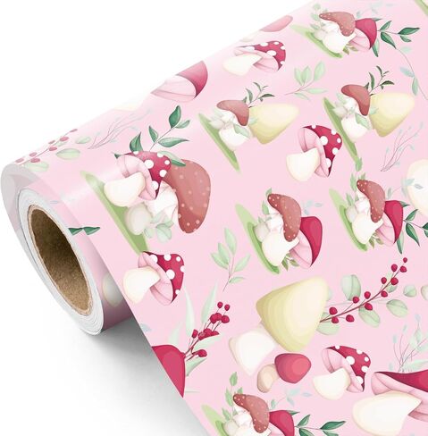 WRAPAHOLIC Mushroom Wrapping Paper Roll - Mini Roll - 17 Inch x 33 Feet - Black Red Mushrooms Plants Design, Perfect for Birthday, Autumn, Party, Holiday in Saudi Arabia