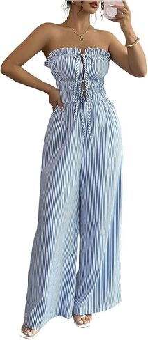 WDIRARA Women's Tie Front Striped Strapless Wide Leg Jumpsuit Sleveless Pants Romper in Saudi Arabia