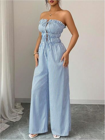WDIRARA Women's Tie Front Striped Strapless Wide Leg Jumpsuit Sleveless Pants Romper in Saudi Arabia