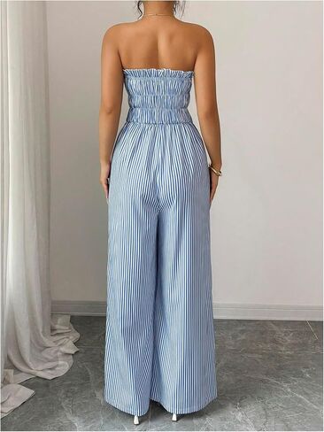 WDIRARA Women's Tie Front Striped Strapless Wide Leg Jumpsuit Sleveless Pants Romper in Saudi Arabia