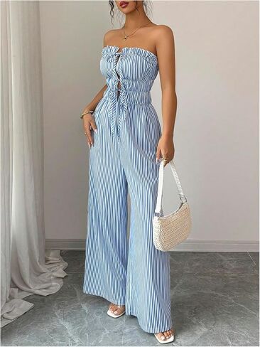 WDIRARA Women's Tie Front Striped Strapless Wide Leg Jumpsuit Sleveless Pants Romper in Saudi Arabia