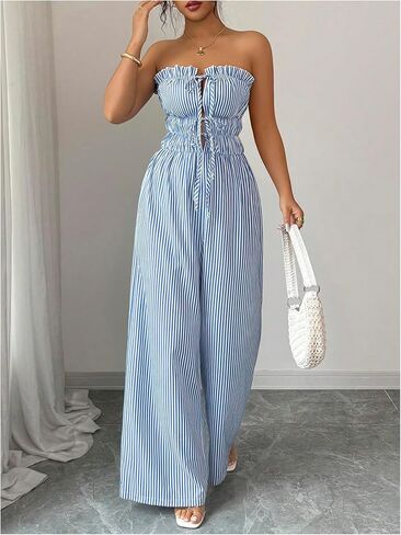 WDIRARA Women's Tie Front Striped Strapless Wide Leg Jumpsuit Sleveless Pants Romper in Saudi Arabia