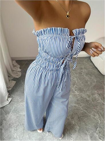 WDIRARA Women's Tie Front Striped Strapless Wide Leg Jumpsuit Sleveless Pants Romper in Saudi Arabia