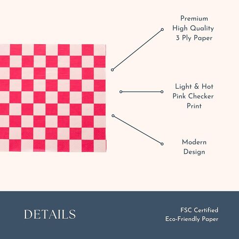 Hot Pink Checker Large Paper Napkins | Premium Party Table Decor, Birthday, Bachelorette, Valentine's Day | Happy Birthday Decorations, Lunch Napkins, 3-ply Paper, Pack of 20, 6.5" Folded in Kuwait