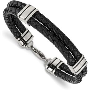 Stainless Steel Polished 2 Strand Black Braided Leather Bracelet for Men 9"", White, AFJ-QG-SRB869-9-PK in Kuwait