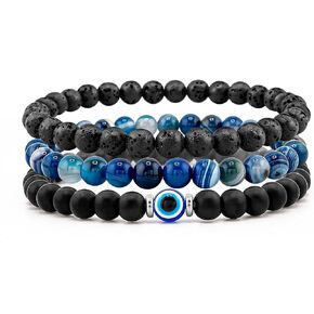 3PCS Evil Eye Bracelet 6mm Tiger Eye Natural Stone Stretch Adjustable Black Crystal Beaded Bracelet for Men Women Gifts in Saudi Arabia