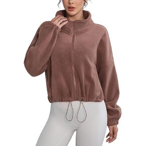 سترة نسائية قصيرة من الصوف بسحاب كامل مع جيوب وياقة واقفة وأكمام طويلة وسحاب معطف شتوي دافئ من الشيربا in Kuwait