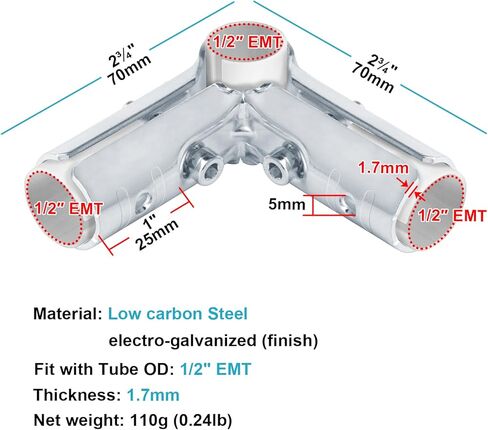 eoere 12 Sets 90 Degree Structural Pipe Connector 3 Way Metal Joint Tubing Clamps, Fit for OD 19.1 mm Stainless Steel Pipe, and Fit for 1/2" Electrical-Metallic Tubing with PE Adapter Shims in Kuwait