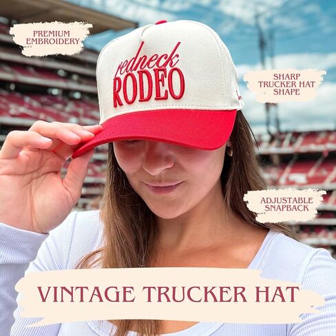 Vintage Country Trucker Hat | Snapback | Western Cute Caps for Cowgirls and Cowboys | Embroidered | Red and Cream Trucker Hat in Saudi Arabia