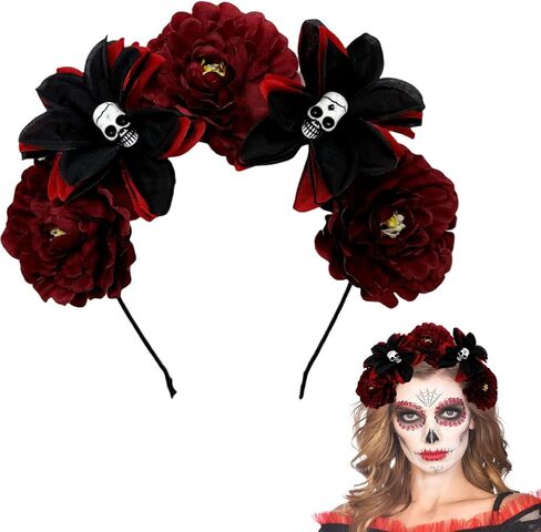 Halloween Skull Rose Headband Gothic Flower Hair Hoops Dead Flower Crown Mexican Floral Headpiece Cosplay Headwear in Saudi Arabia