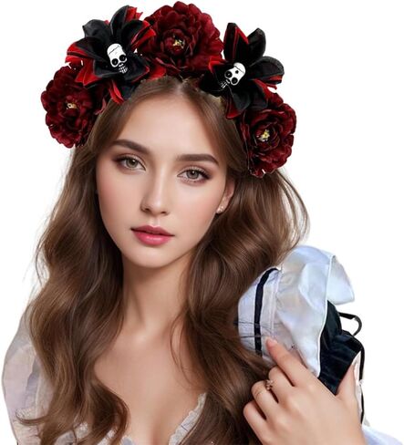 Halloween Skull Rose Headband Gothic Flower Hair Hoops Dead Flower Crown Mexican Floral Headpiece Cosplay Headwear in Saudi Arabia
