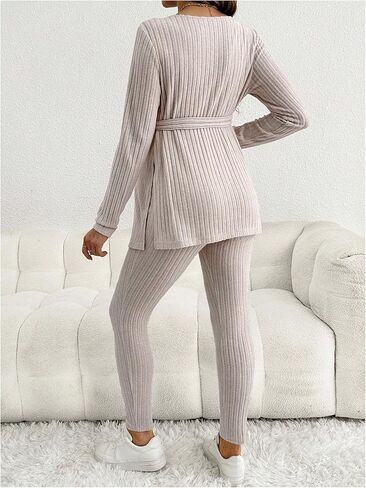 MakeMeChic Women's Maternity Clothes 2 Piece Outfit Long Sleeve V Neck Belted Tops and Leggings Pregnancy Set in Saudi Arabia