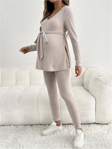 MakeMeChic Women's Maternity Clothes 2 Piece Outfit Long Sleeve V Neck Belted Tops and Leggings Pregnancy Set in Saudi Arabia