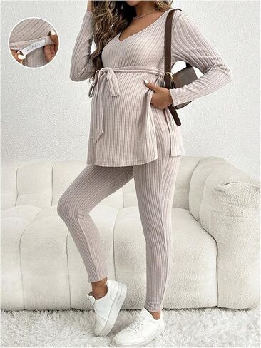 MakeMeChic Women's Maternity Clothes 2 Piece Outfit Long Sleeve V Neck Belted Tops and Leggings Pregnancy Set in Saudi Arabia