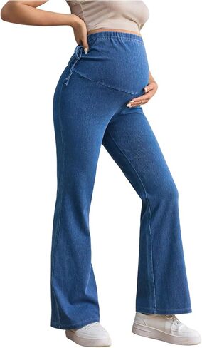 MakeMeChic Women's Maternity Jeans Elastic High Waisted Flared Leg Pregnancy Denim Pants in Saudi Arabia