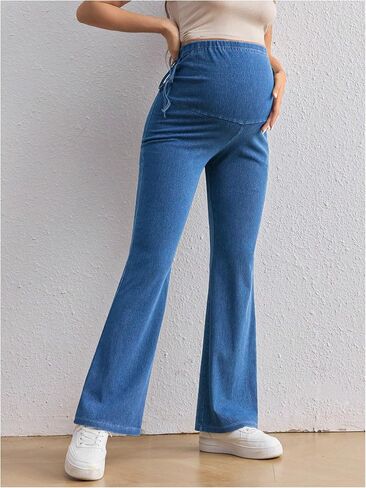 MakeMeChic Women's Maternity Jeans Elastic High Waisted Flared Leg Pregnancy Denim Pants in Saudi Arabia
