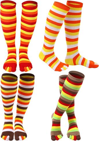 Shihanee 4 Pairs Thanksgiving Fall 5 Toe Socks Christmas Striped over Knee High Stocking for Women Girls Adults Holiday Gift in Saudi Arabia