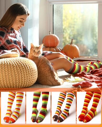 Shihanee 4 Pairs Thanksgiving Fall 5 Toe Socks Christmas Striped over Knee High Stocking for Women Girls Adults Holiday Gift in Saudi Arabia