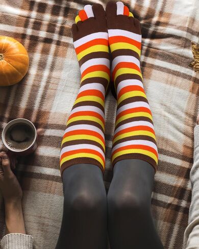 Shihanee 4 Pairs Thanksgiving Fall 5 Toe Socks Christmas Striped over Knee High Stocking for Women Girls Adults Holiday Gift in Saudi Arabia