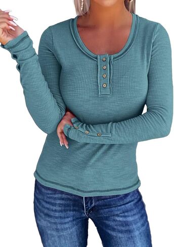 قمصان نسائية طويلة الأكمام هينلي قطع علوية مضلعة متماسكة رقبة سكوب سليم صالح تونيك بلوزة أساسية غير رسمية ربيع خريف تيز in Kuwait