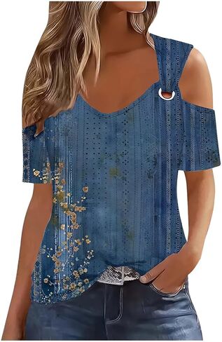 Women Cold Shoulder Summer Tops 2025 Dressy Casual Blouses Boho Trendy Tunic Shirts Beach Vacation Clothing Outfits in Saudi Arabia