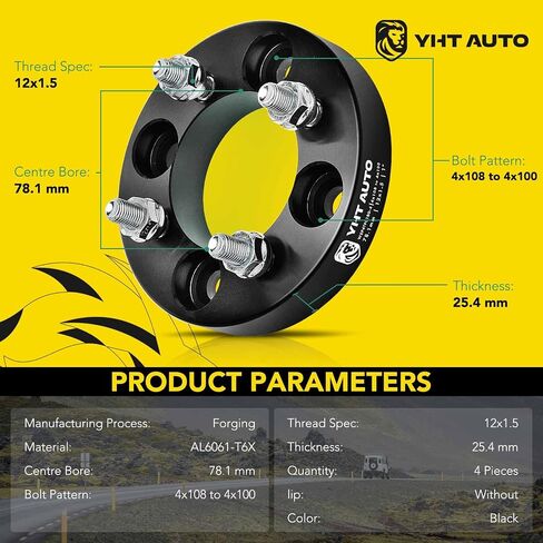 محولات عجلات YHTAUTO 4x108 إلى 4x100 مم 1 بوصة تناسب Ford، Mercury Models، Focus، EcoSport، Fiesta، Cougar-Only تعمل مع عجلات 4x100، 4 محولات إطارات عجلة العروة مع M12x1.5، 78.1 مم تجويف مركز العجلة in Saudi Arabia