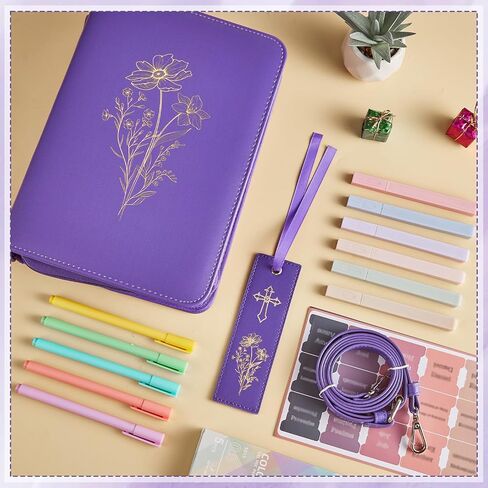 19PCS Floral Bible Cover for Women PU Leather Bible Cases Bible Journaling Kit for Girls Bible Bag with shoulder strap &Book Marker 10.47*7.48*2.17in Highlighter Pens Christian Gift Khaki in Kuwait