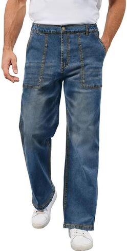 Men's Elastic Waist Baggy Jeans Stretch Denim Wide Leg Trousers Loose Fit Casual Pants in Saudi Arabia