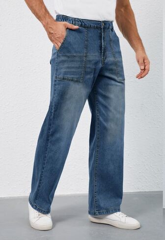 Men's Elastic Waist Baggy Jeans Stretch Denim Wide Leg Trousers Loose Fit Casual Pants in Saudi Arabia