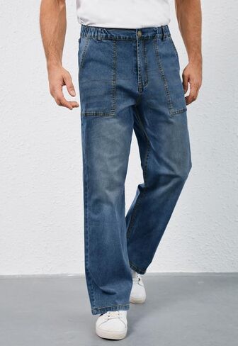Men's Elastic Waist Baggy Jeans Stretch Denim Wide Leg Trousers Loose Fit Casual Pants in Saudi Arabia