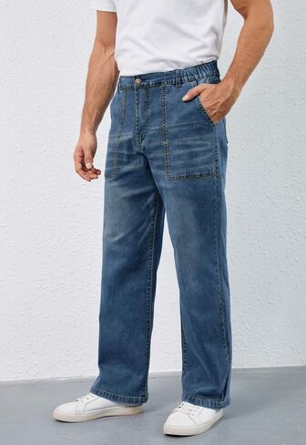 Men's Elastic Waist Baggy Jeans Stretch Denim Wide Leg Trousers Loose Fit Casual Pants in Saudi Arabia