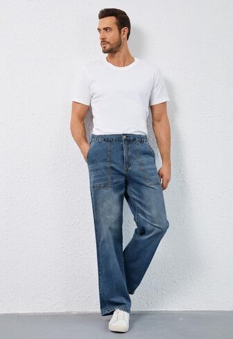 Men's Elastic Waist Baggy Jeans Stretch Denim Wide Leg Trousers Loose Fit Casual Pants in Saudi Arabia