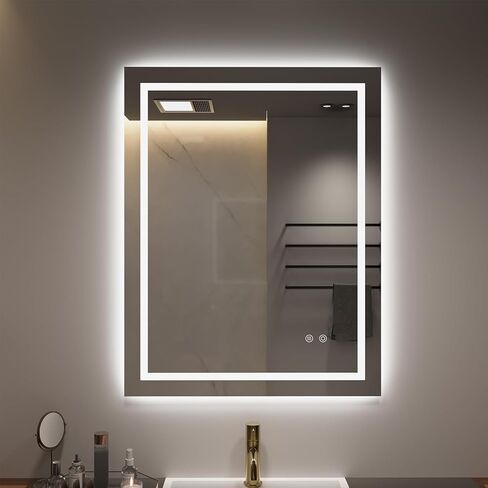 مرآة حمام LED مع إضاءة أمامية وخلفية، مرآة زينة مستطيلة الشكل مقاس 30 × 36 بوصة مثبتة على الحائط مضادة للضباب، مرآة مكياج بذاكرة قابلة للتعتيم بـ 3 ألوان مع مفتاح لمس in Kuwait