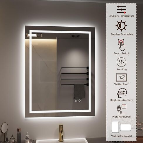 مرآة حمام LED مع إضاءة أمامية وخلفية، مرآة زينة مستطيلة الشكل مقاس 30 × 36 بوصة مثبتة على الحائط مضادة للضباب، مرآة مكياج بذاكرة قابلة للتعتيم بـ 3 ألوان مع مفتاح لمس in Kuwait