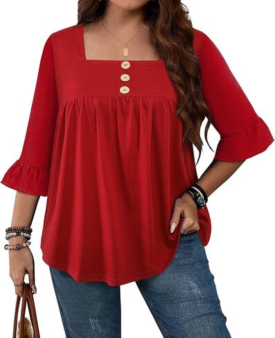 Plus Size Womens Blouses 3/4 Flutter Sleeve Square Neck Tunic Shirts Button Business Work Fall Tops 2025(XL-5XL) in Saudi Arabia