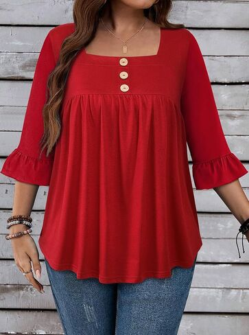 Plus Size Womens Blouses 3/4 Flutter Sleeve Square Neck Tunic Shirts Button Business Work Fall Tops 2025(XL-5XL) in Saudi Arabia