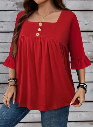 Plus Size Womens Blouses 3/4 Flutter Sleeve Square Neck Tunic Shirts Button Business Work Fall Tops 2025(XL-5XL) in Saudi Arabia
