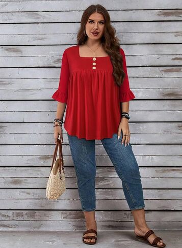 Plus Size Womens Blouses 3/4 Flutter Sleeve Square Neck Tunic Shirts Button Business Work Fall Tops 2025(XL-5XL) in Saudi Arabia