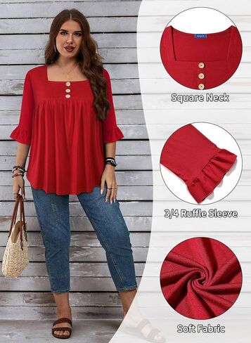 Plus Size Womens Blouses 3/4 Flutter Sleeve Square Neck Tunic Shirts Button Business Work Fall Tops 2025(XL-5XL) in Saudi Arabia