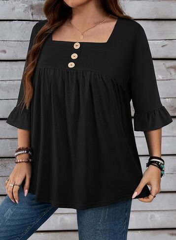 بلوزات نسائية مقاس كبير 3/4 كم رفرفة ورقبة مربعة قمصان تونيك بأزرار عمل وخريف 2025 (XL-5XL) in Kuwait