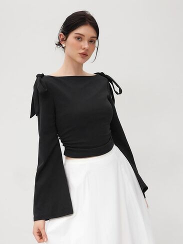CIDER Crop Tops for Women Boat Neck Bowknot Long Sleeve Ruched Top Sweetheart Neck Blouse Fitted Shirt in Saudi Arabia